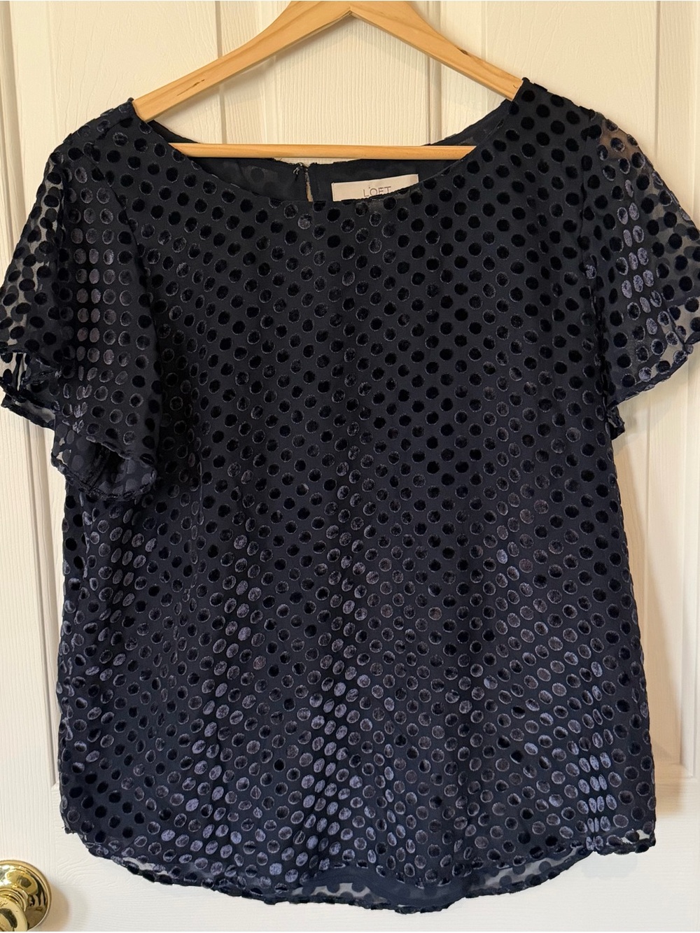 LOFT Navy Polka Dot Burnout Short Sleeve Blouse